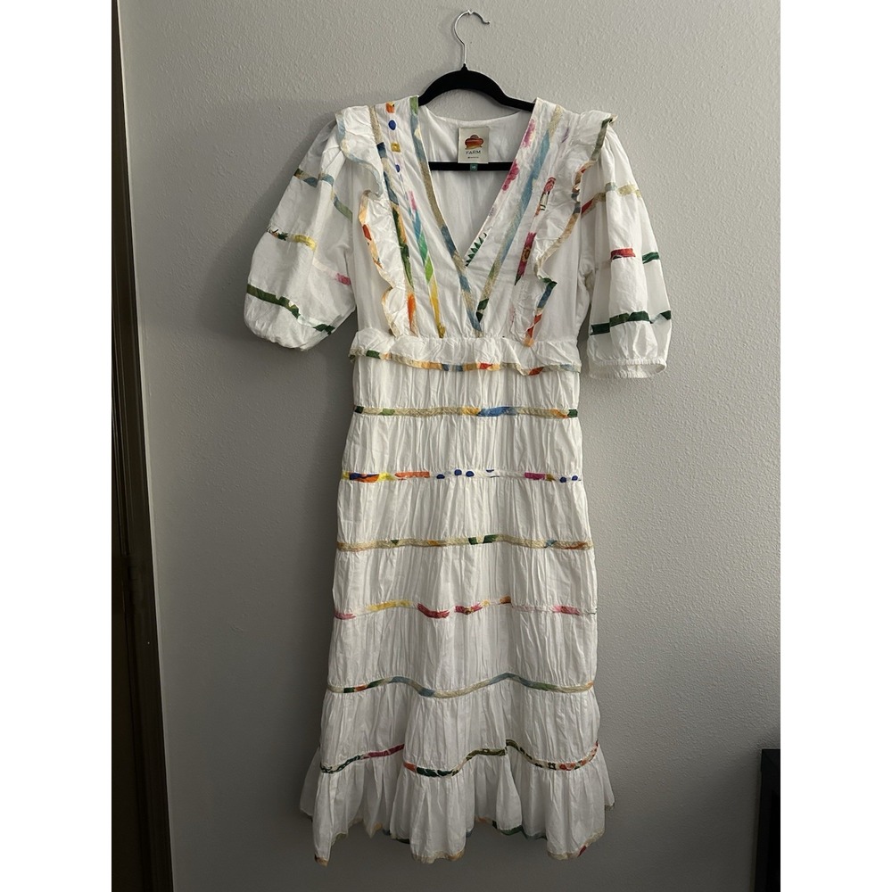 Farm Rio Mixed Print White Striped Midi Dress V-Neck Ruffle Puff Sleeves XS - Picture 3 of 8
